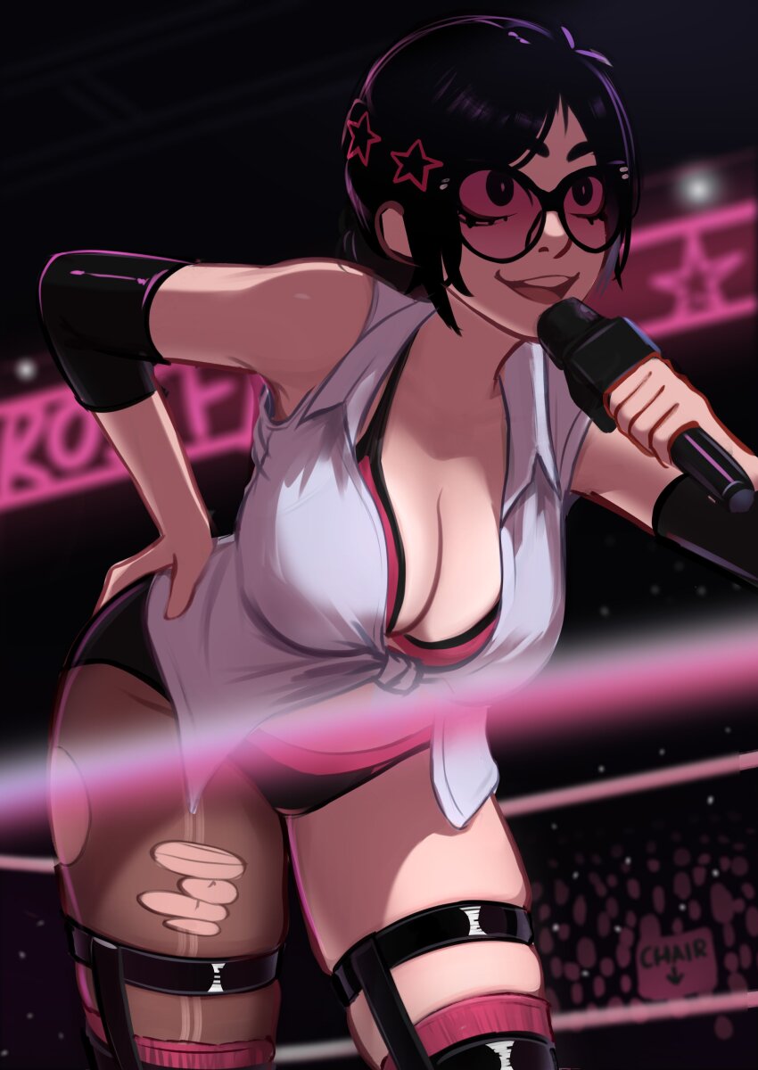 1girl absurdres black_hair crowd elbow_pads glasses hair_ornament highres microphone pantyhose ponytail rosen_(veyonis) short_hair solo star_(symbol) star_hair_ornament tinted_eyewear tinted_glasses torn_clothes torn_pantyhose veyonis wrestling_outfit wrestling_ring