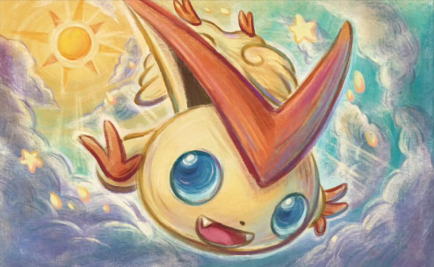 :d blue_eyes cloud cloudy_sky creature day fangs full_body gen_5_pokemon happy legendary_pokemon mythical_pokemon nintendo no_humans official_art open_mouth pokemon pokemon_(creature) pokemon_tcg sky smile solo sowsow star_(symbol) sun sunlight third-party_source victini