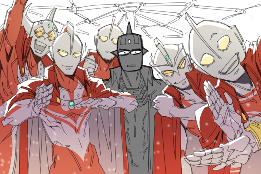 6+boys :3 :d alien arm_up armor bracelet cape clenched_hand color_timer colored_skin commentary derivative_work english_commentary eye_slugger forehead_jewel gem green_gemstone grin happy highres jewelry ju5tab0r3d1 kaette_kita_ultraman looking_at_viewer male_focus multicolored_skin multiple_boys muscular muscular_male no_pupils one_eye_closed open_mouth parted_lips photo-referenced raised_eyebrow red_cape red_skin silver_skin sketch smile sparkle surprised tokusatsu turn_pale ultra_series ultraman ultraman_(1st_series) ultraman_ace ultraman_ace_(series) ultraman_jack ultraman_tarou ultraman_tarou_(series) ultraseven ultraseven_(series) yellow_eyes zoffy_(ultra_series)