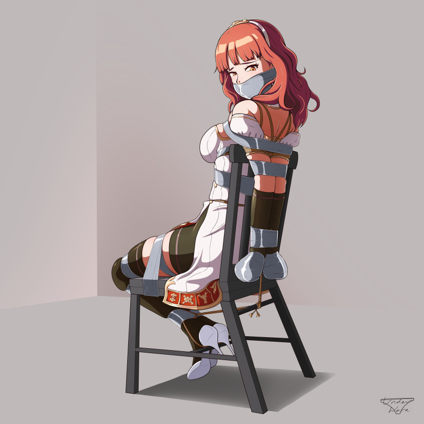 1girl absurdres arms_behind_back bdsm bondage bound breasts celica_(fire_emblem) fire_emblem fire_emblem_echoes:_shadows_of_valentia gag gagged highres improvised_gag looking_back medium_breasts nintendo restrained solo tape tape_bondage tape_gag taped_fingers taped_hands tied_to_chair tied_up_(nonsexual) underware