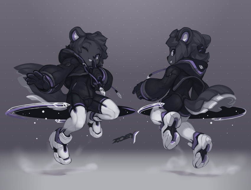 1boy 2022 absurdres bike_shorts black_bodysuit black_fur black_gloves black_hair bodysuit chinese_commentary commentary crop_top english_commentary finger_to_mouth floating floating_hair from_behind furry furry_male gloves head_tilt highres hood hooded_jacket jacket krita_(medium) leggings light_smile long_sleeves looking_at_viewer looking_back one_eye_closed original parted_lips purple_eyes raised_inner_eyebrows sable_(animal) shoe_soles shushing signature simple_background spirit_animals_in_disguise trap tsurime tyson_tan white_leggings white_sneakers zoey_the_spirit_sable