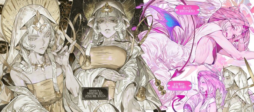2girls angel angel_wings arm_rest arm_support arm_under_breasts ass backless_dress backless_outfit bare_arms bat_wings black_eyes blank_stare blue_flower blunt_bangs blush bodhisattva breasts brown_skirt buddhism chinese_clothes cleavage closed_eyes closed_mouth clothing_cutout collarbone colored_eyelashes colored_sclera colored_skin cookie_run cookie_run:_kingdom cowboy_shot curly_hair demon_girl demon_tail demon_wings diamond_(gemstone) dress empty_eyes eternal_sugar_cookie expressionless fallen_angel fangs feathered_wings feathers fingernails flower forehead_jewel from_above from_below from_side gem gold_necklace gold_wheat hair_ornament halo hand_on_own_face hand_up hanfu heart highres humanization jewelry korean_text large_breasts light_rays long_dress long_eyelashes long_fingernails long_hair long_sidelocks long_skirt long_sleeves looking_afar looking_at_viewer low_twintails lying mature_female meditation medium_breasts mudra multiple_girls multiple_wings mystic_flour_cookie nail_polish necklace no_bra nose off_shoulder on_side open_hand open_mouth pale_skin parted_bangs pink_eyes pink_flower pink_gemstone pink_nails pink_sclera pink_skin pink_tail pink_theme pink_wings plunging_neckline reaching reaching_towards_viewer ribs robe seductive_smile serious shaded_face sharp_fingernails shawl shoulder_blades sideboob sidelocks simple_background skirt sleeveless sleeveless_dress slit_pupils smile solo straight-on taecookie777 tail tail_through_clothes tassel tongue tongue_out twintails upper_body veil very_long_hair vitarka_mudra white_background white_dress white_eyelashes white_eyeshadow white_feathers white_gemstone white_hair white_hanfu white_lips white_nails white_robe white_shawl white_skirt white_theme white_veil white_wings wide_sleeves wings yawning
