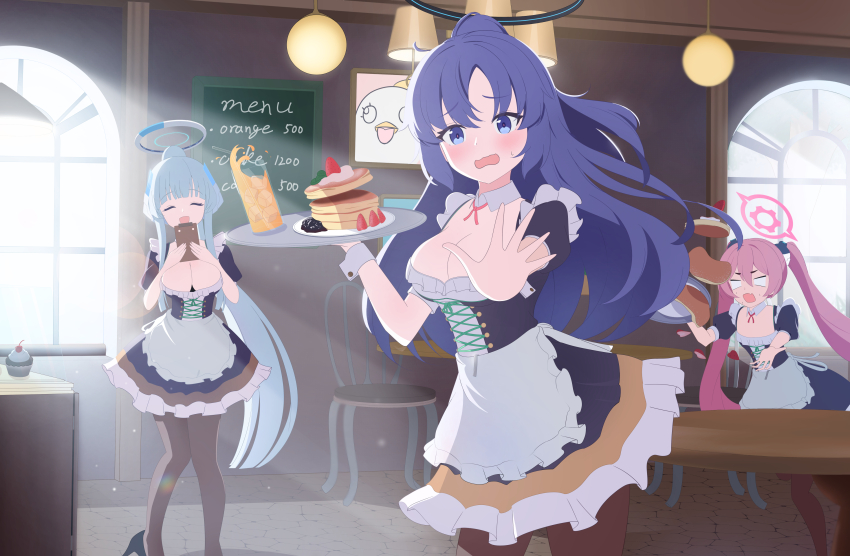 3girls absurdres alternate_costume alternate_hairstyle anime_coloring apron black_dress blank_eyes blue_archive breasts cake chair cosplay cup cupcake dress drink drinking_straw food fortysansan frilled_dress frills halo highres holding holding_plate juri_(blue_archive) juri_(blue_archive)_(cosplay) juri_(part-time)_(blue_archive) koyuki_(blue_archive) large_breasts maid maid_apron mechanical_halo menu multiple_girls noa_(blue_archive) picture_frame pink_hair pink_halo plate purple_eyes purple_hair small_breasts table white_hair window yuuka_(blue_archive)