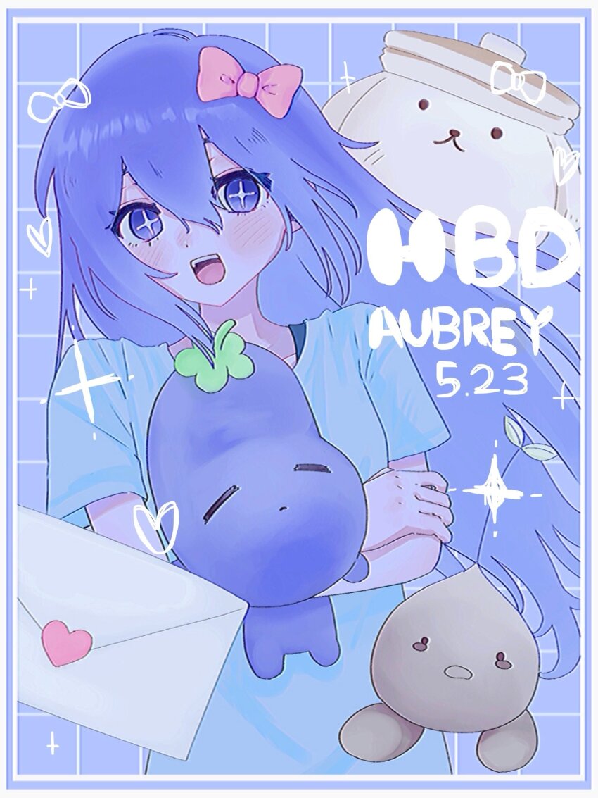 +_+ 1girl :d animal aubrey_(headspace)_(omori) aubrey_(omori) blue_background blue_shirt blush border bow breasts bright_pupils character_name crossed_arms dated double-parted_bangs envelope food grey_border grid_background hair_between_eyes hair_bow happy_birthday heart highres holding holding_stuffed_toy inset_border leaf long_hair looking_at_viewer mr._plantegg_(omori) mug1430 omori open_mouth pancake pancake_bunny_(omori) pancake_stack pink_bow purple_eyes purple_hair rabbit revision shirt short_sleeves sidelocks small_breasts smile solo sprout_mole straight-on straight_hair stuffed_eggplant stuffed_toy teeth tongue upper_body upper_teeth_only white_pupils white_rabbit_(animal) wind