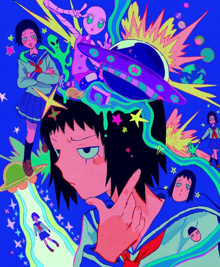 12anchovy 1girl 2others alien alien_(mob_psycho_100) animegao arm_around_shoulder beam black_hair blue_background blue_sailor_collar blue_skirt blush_stickers book cosplay explosion eyelashes frown furrowed_brow hand_on_own_chin highres holding_hands jitome kigurumi kurata_tome long_sleeves mob_psycho_100 multiple_others multiple_views neckerchief planet pleated_skirt raised_eyebrow red_neckerchief romaji_commentary sailor_collar school_uniform serafuku short_bangs short_hair skirt solid_eyes sparkle star_(symbol) stroking_own_chin ufo white_serafuku
