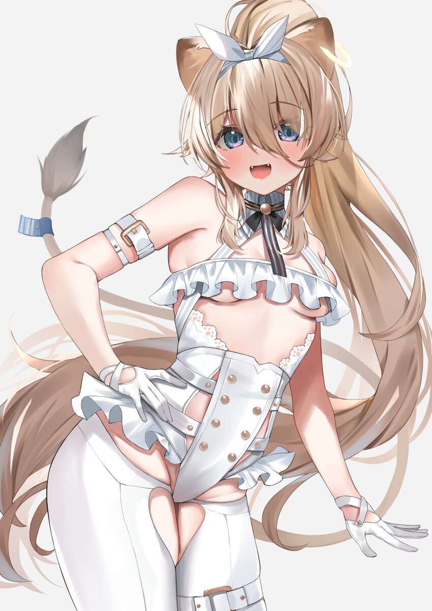 1girl :d absurdres animal_ears arm_strap bandeau bare_shoulders blonde_hair blue_eyes breasts contrapposto cowboy_shot dress fangs frilled_bandeau gloves hair_between_eyes hairband halterneck hand_on_own_hip high_ponytail highres lace leotard lion_ears lion_girl lion_tail long_hair looking_at_viewer medium_breasts microdress nemun_(tamizzz) noripro open_mouth ponytail regrush_lionheart revealing_clothes simple_background skindentation smile solo tail thigh_strap underboob very_long_hair virtual_youtuber white_background white_bandeau white_dress white_gloves white_hairband white_leotard