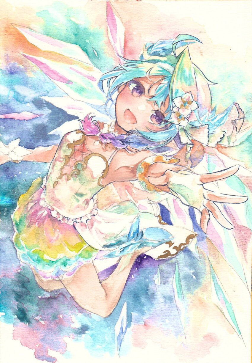 1girl blue_hair blue_horns cross-laced_clothes cross-laced_dress crystal_horns crystal_wings dragon_girl dragon_horns dragon_wings dress flower hair_over_shoulder hairband highres horns light_blue_hair nonano73 open_mouth princess_connect! rainbow_skirt reaching reaching_towards_viewer sheffy_(princess)_(princess_connect!) sheffy_(princess_connect!) solo traditional_media white_dress white_flower white_hairband wings