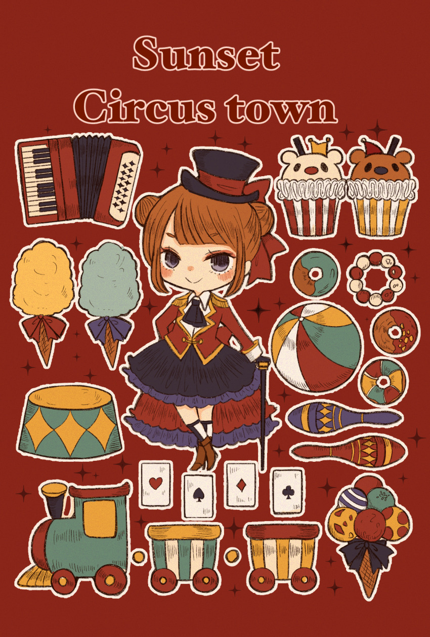 1girl accordion ace_(playing_card) ace_of_clubs ace_of_diamonds ace_of_hearts ace_of_spades ascot ball black_ascot black_hat black_skirt black_socks brown_footwear brown_hair cane card cerika club_(shape) commentary_request cotton_candy cupcake diamond_(shape) double_bun donut english_text food full_body grey_eyes hair_bun hat heart highres instrument jacket juggling_club looking_at_viewer original outline playing_card red_background red_jacket short_hair skirt smile socks solo spade_(shape) top_hat train white_outline