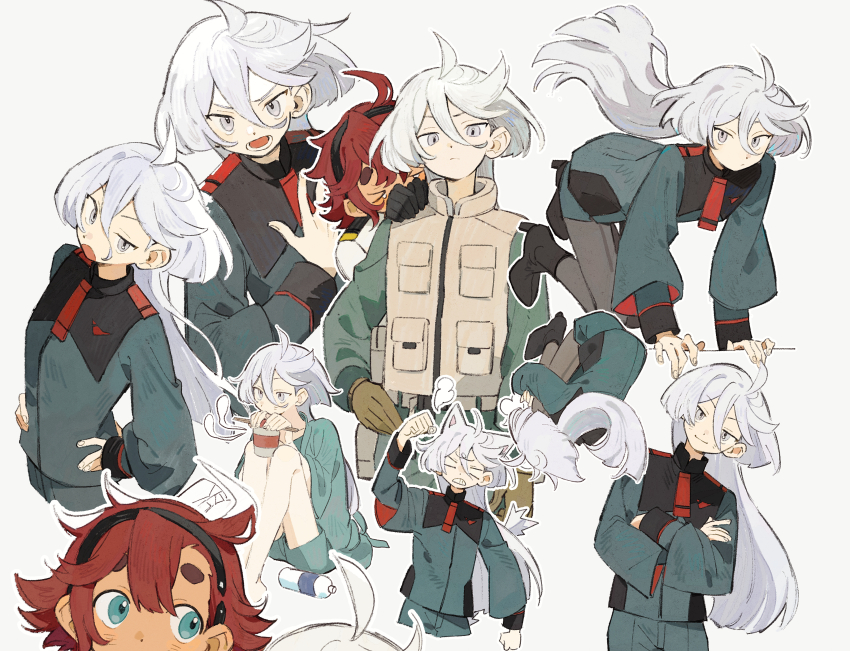 &gt;_&lt; 2girls absurdres ahoge angry animal_ears asticassia_school_uniform chopsticks crossed_arms cup_ramen food fox_ears fox_girl fox_tail fruit gundam gundam_suisei_no_majo hairband hand_on_own_chest highres long_hair lower_teeth_only minamip miorine_rembran multiple_girls multiple_views necktie no_legwear open_mouth pantyhose ponytail pouch red_hair school_uniform shoulder_boards simple_background sitting smile suletta_mercury tail teeth thick_eyebrows vest watermelon white_background white_hair