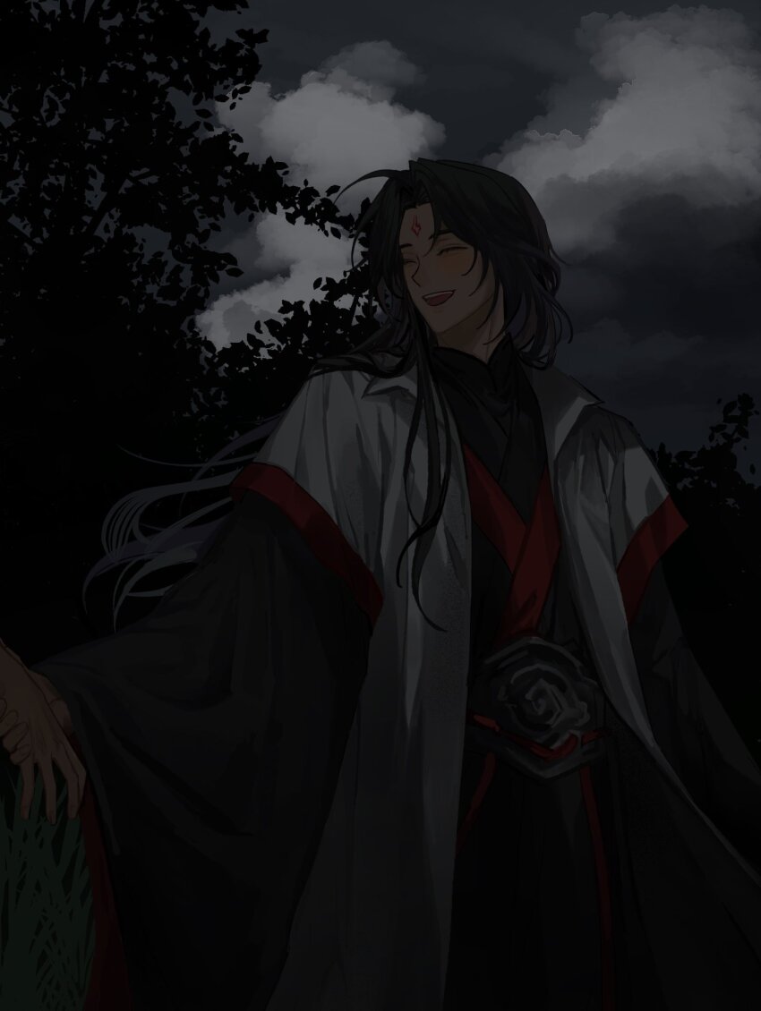 1boy black_hair black_hanfu chinese_clothes closed_eyes cloud cowboy_shot gaheeworld0 grey_sky hanfu highres holding_hands long_hair long_sleeves luo_binghe male_focus open_mouth out_of_frame renzha_fanpai_zijiu_xitong sash sky smile solo teeth tree upper_teeth_only wide_sleeves zuiyin