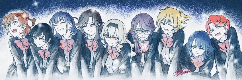 6+girls ^_^ aijou_karen arm_rest artist_name bell black-framed_eyewear black_hair black_hairband blonde_hair blue_background blue_eyes blue_hair blue_ribbon bow bowtie brown_eyes brown_hair closed_eyes closed_mouth collared_shirt commentary_request crown_hair_ornament daiba_nana glasses green_eyes green_ribbon grey_jacket grey_skirt grin hair_bell hair_between_eyes hair_ornament hair_over_shoulder hair_ribbon hairband hairclip hanayagi_kaoruko highres hoshimi_junna isurugi_futaba jacket jingle_bell kagura_hikari leaning_forward long_hair long_sleeves looking_ahead looking_to_the_side multiple_girls no_pupils one_side_up open_clothes open_jacket open_mouth parted_bangs parted_lips pink_eyes purple_eyes purple_hair red_bow red_bowtie red_hair ribbon saijou_claudine school_uniform seishou_music_academy_uniform shirt short_hair short_twintails shoujo_kageki_revue_starlight shozoku side-by-side sideways_glance signature skirt smile standing teeth tendou_maya tsuyuzaki_mahiru twintails two-tone_background upper_body upper_teeth_only v-shaped_eyebrows v_arms white_background white_shirt x_hair_ornament