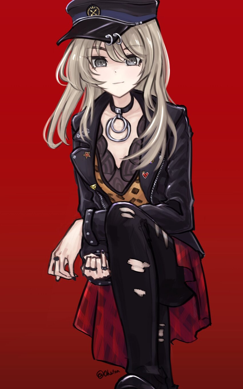 1girl absurdres black_choker black_hat black_jacket black_pants choker closed_mouth commentary girls_band_cry gradient_background grey_eyes hat highres jacket jewelry kawaragi_momoka light_brown_hair long_hair looking_at_viewer multiple_rings pants pinky_out red_background red_skirt ring skirt smile solo tomare_(akashingou) torn_clothes torn_pants
