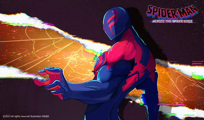 1boy 2023 absurdres artist_name back blue_bodysuit bodysuit copyright_notice english_text glitch highres male_focus marvel miguel_o&#039;hara muscular muscular_male nervi_fd outstretched_arm print_bodysuit reaching red_bodysuit shoulder_blades silk skin_tight solo spider-man:_across_the_spider-verse spider-man_(2099) spider-man_(series) spider-verse spider_web two-tone_bodysuit