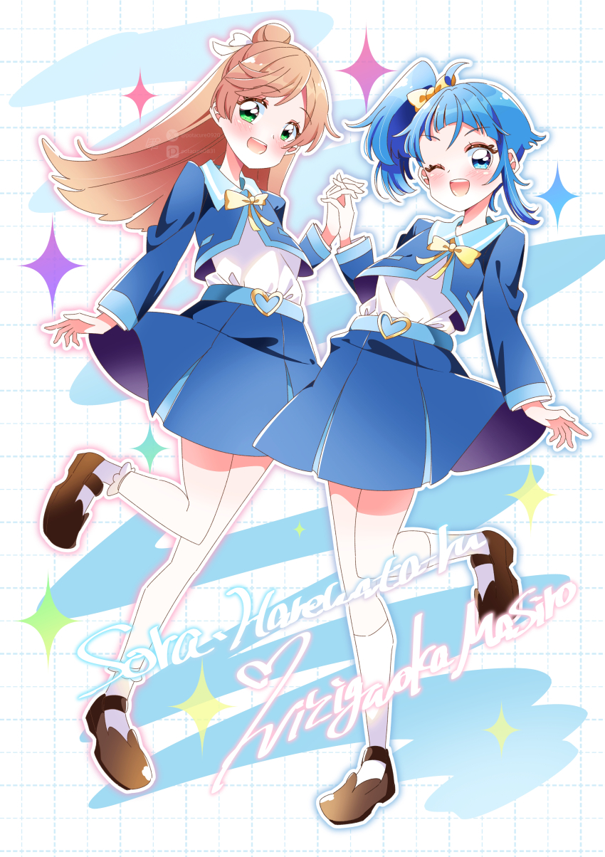 2girls absurdres ahoge belt black_shoes blue_belt blue_eyes blue_hair blue_jacket blue_skirt blush bow bowtie character_name commentary green_eyes hair_bow hair_bun hair_ribbon highres hirogaru_sky!_precure holding_hands jacket long_hair long_sleeves medium_hair multiple_girls nijigaoka_mashiro one_eye_closed open_mouth pink_hair pixiv_username potacure precure ribbon school_uniform shirt shoes side_ponytail signature single_hair_bun single_sidelock skirt smile socks sora_harewataru sorashido_academy_school_uniform twitter_username white_ribbon white_shirt white_socks yellow_bow yellow_bowtie
