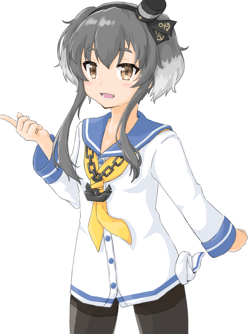 1girl absurdres anchor_necklace anchor_pendant black_hair black_pantyhose blue_sailor_collar brown_eyes chain chain_necklace dress gradient_hair hat highres jewelry kantai_collection kopikku mini_hat multicolored_hair neckerchief necklace one-hour_drawing_challenge pantyhose sailor_collar sailor_dress short_hair short_hair_with_long_locks simple_background smokestack_hair_ornament solo standing thighband_pantyhose tied_dress tokitsukaze_(kancolle) two_side_up white_background white_dress yellow_neckerchief