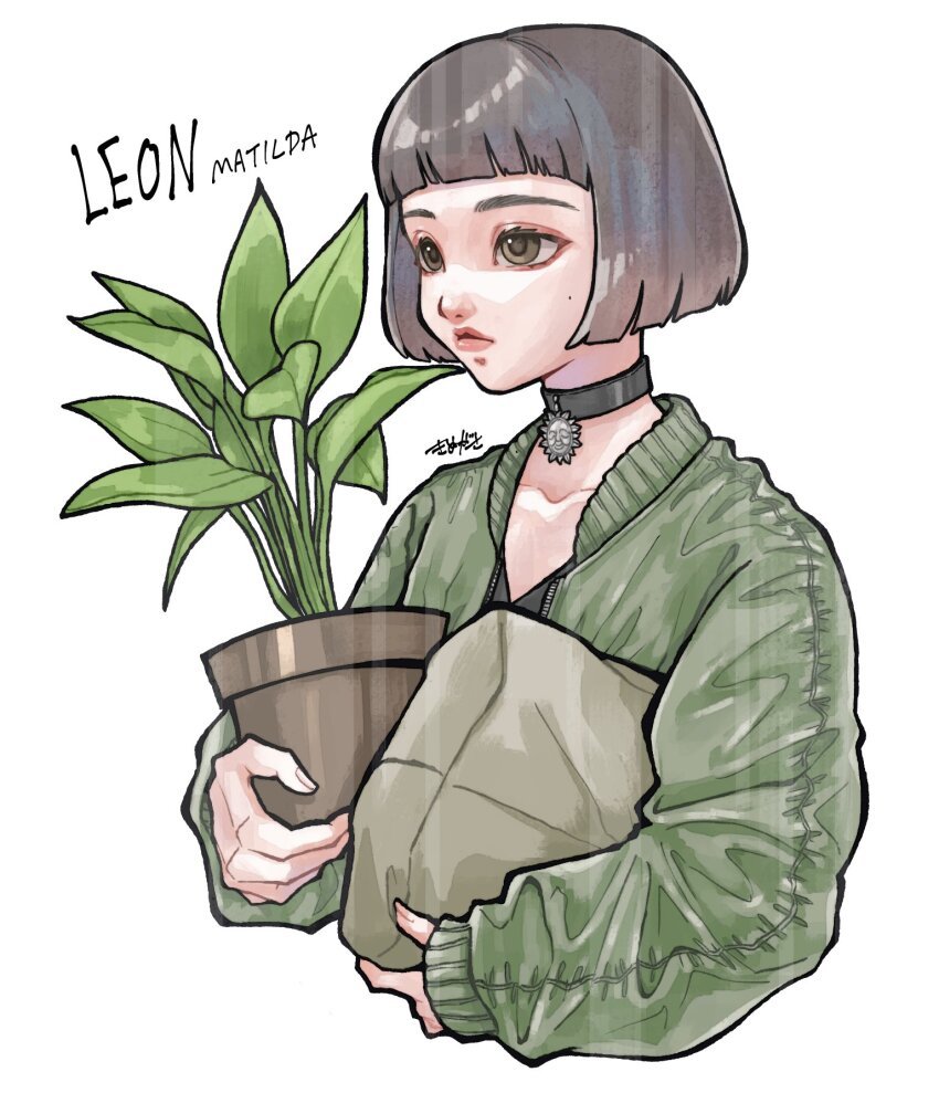 1girl black_choker black_hair black_shirt brown_eyes character_name choker cropped_torso green_jacket hands_up highres holding jacket kinuuu_x3x leon_the_professional long_sleeves mathilda_lando plant potted_plant shirt short_hair signature simple_background solo white_background