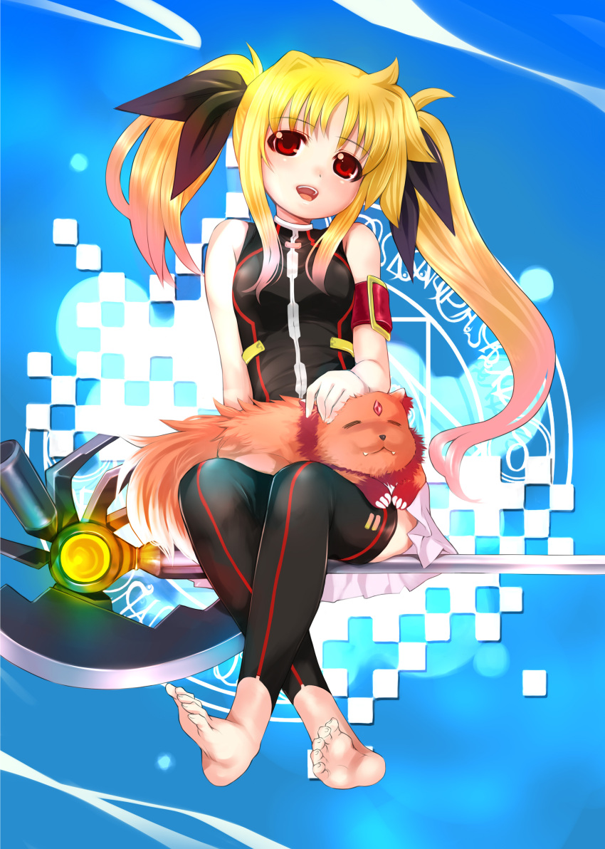 1girl absurdres arf armband asymmetrical_hair bardiche_(axe_form)_(nanoha) bardiche_(nanoha) bare_shoulders barefoot black_thighhighs blonde_hair detached_leggings fate_testarossa fate_testarossa_(lightning_form)_(2nd) highres long_hair lyrical_nanoha mahou_shoujo_lyrical_nanoha mahou_shoujo_lyrical_nanoha_a&#039;s mahou_shoujo_lyrical_nanoha_the_movie_2nd_a&#039;s mikazuki_akira! no_cape object_riding on_weapon polearm red_eyes scythe sitting skirt smile thighhighs toeless_legwear twintails weapon
