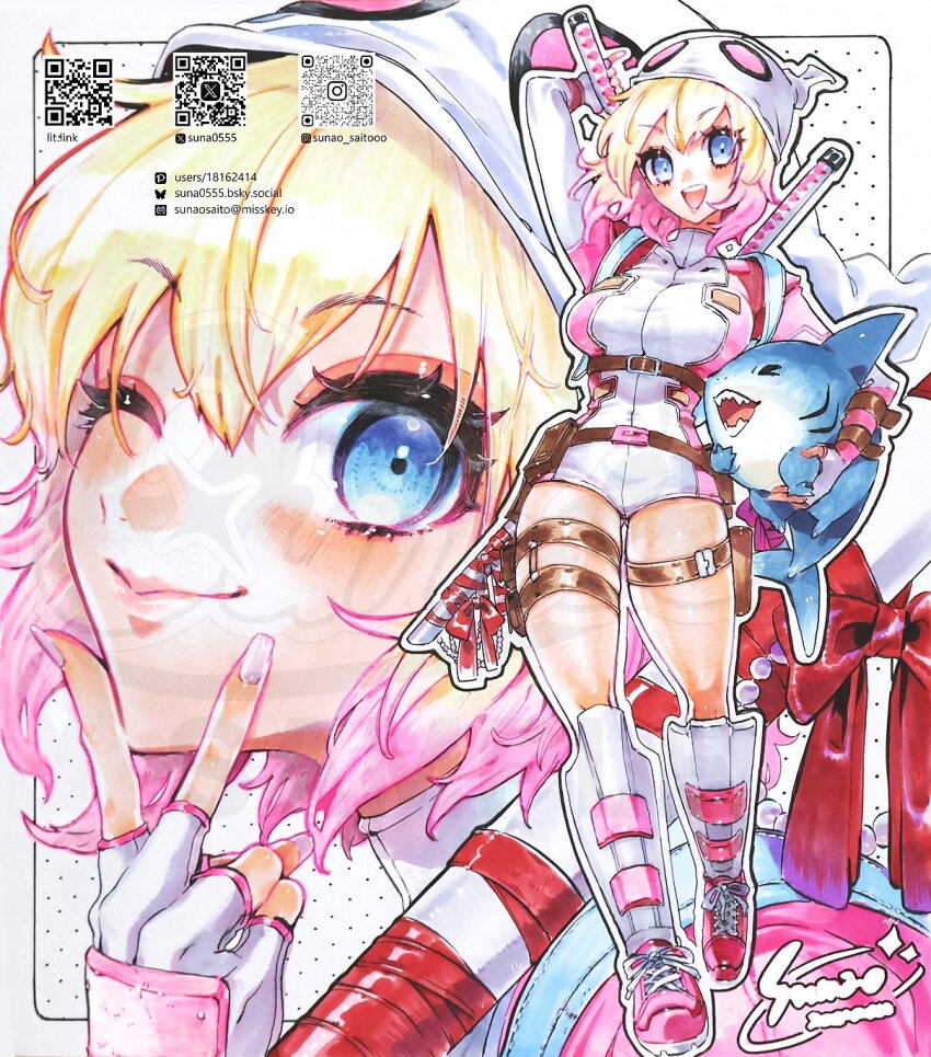 1girl animal blonde_hair blue_eyes bodysuit bow commentary fingerless_gloves gloves gluteal_fold gradient_hair gwenpool hashtag-only_commentary highres holding holding_animal jeff_(marvel) katana marvel medium_hair multicolored_hair multiple_views one_eye_closed pink_hair pink_nails pink_shoes qr_code red_bow ringed_eyes shark shin_guards shoes sunao_saito superhero_costume sword sword_on_back symbol-only_commentary thigh_strap weapon weapon_on_back white_bodysuit white_gloves