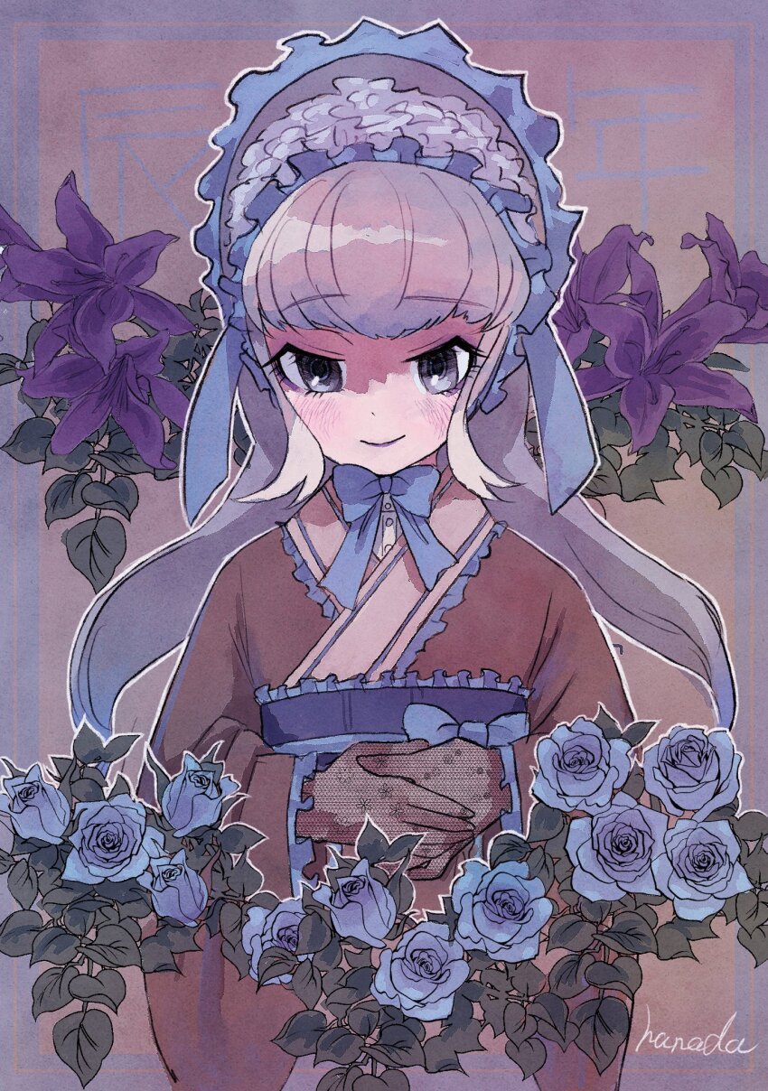 1girl belt black_gloves black_kimono blue_belt blue_bow blue_bowtie blue_eyes blue_flower blue_hair blue_headwear blue_rose blush bonnet bow bowtie cowboy_shot flower gloves hanada_(cobalt003) highres japanese_clothes kemono_friends kimono komodo_dragon_(kemono_friends) long_hair looking_at_viewer multicolored_hair obi reptile_girl rose sash smile solo white_hair