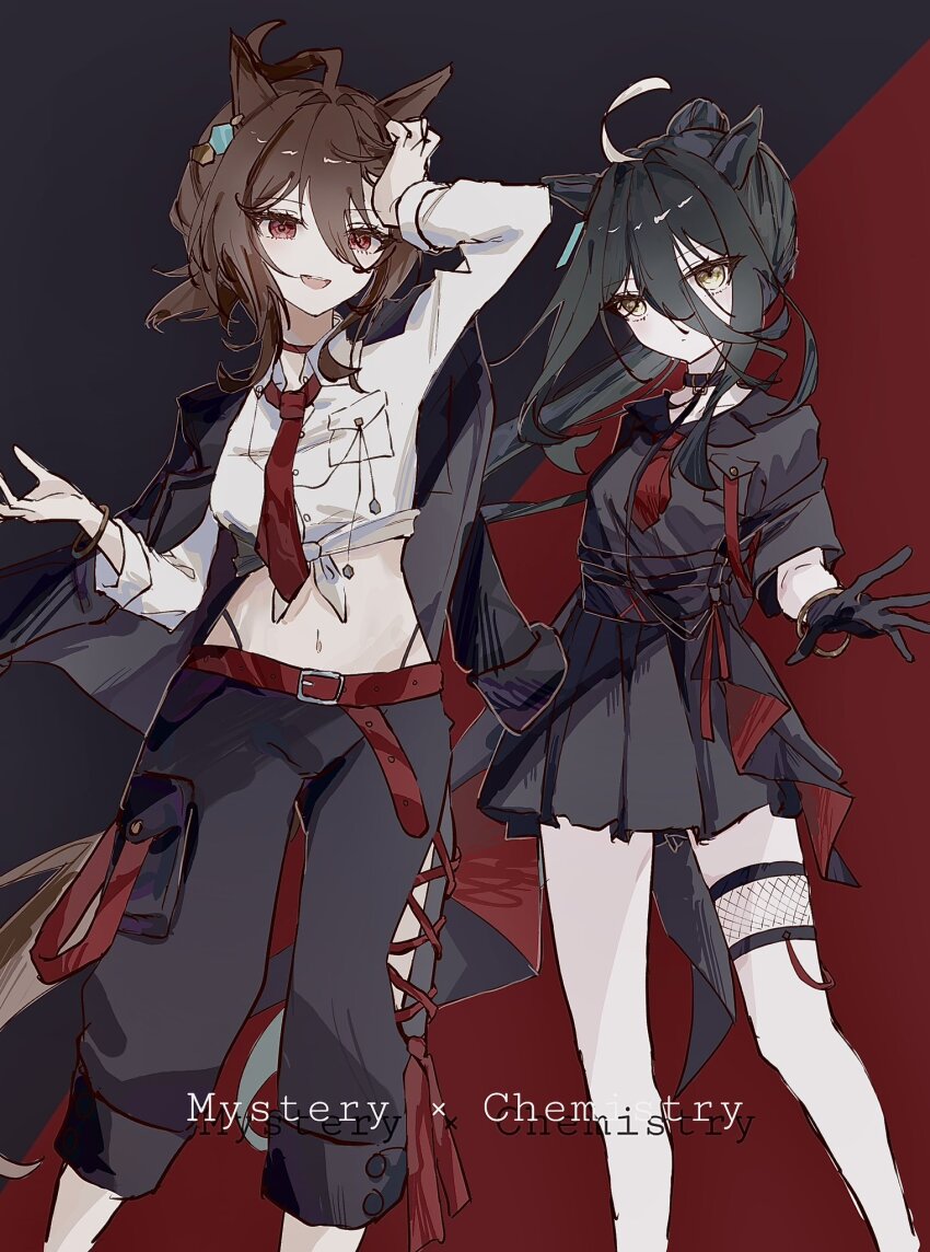 1_llill_i 2girls agnes_tachyon_(umamusume) alternate_hairstyle animal_ears belt black_background black_collar black_gloves black_hair black_jacket black_pants black_shirt black_skirt brown_hair chemical_structure choker clothing_cutout collar collared_shirt cropped_shirt ear_tag earrings expressionless fishnet_thigh_strap gloves hair_between_eyes hand_on_own_head high-waist_panties high_ponytail highres horse_ears horse_girl jacket jacket_on_shoulders jewelry long_bangs long_hair_between_eyes long_sleeves manhattan_cafe_(umamusume) multicolored_hair multiple_girls navel necktie open_clothes open_jacket open_mouth pants pleated_skirt ponytail red_background red_belt red_choker red_eyes red_necktie shirt short_necktie sidelocks single_earring skirt smile thigh_cutout thigh_strap tied_shirt two-tone_background umamusume white_hair white_shirt wolf_cut wristband yellow_eyes