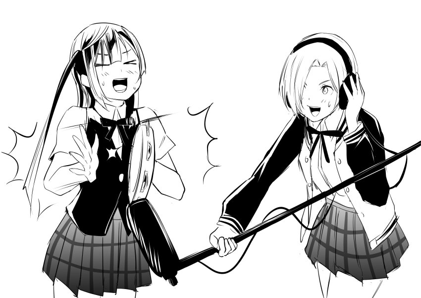 &gt;_&lt; 2girls absurdres blush boom_microphone collared_shirt commentary_request greyscale hair_over_one_eye hand_on_headphones headphones highres holding holding_microphone instrument jacket long_hair long_sleeves looking_at_another love_live! love_live!_nijigasaki_high_school_idol_club mia_taylor microphone monochrome motion_lines multiple_girls music neck_ribbon nijigasaki_school_uniform one_side_up open_clothes open_jacket open_mouth plaid_clothes plaid_skirt playing_instrument pleated_skirt ribbon school_uniform shirt short_sleeves sidelocks skirt standing summer_uniform sweat tambourine tommer upper_body v-shaped_eyebrows vest white_background yuki_setsuna