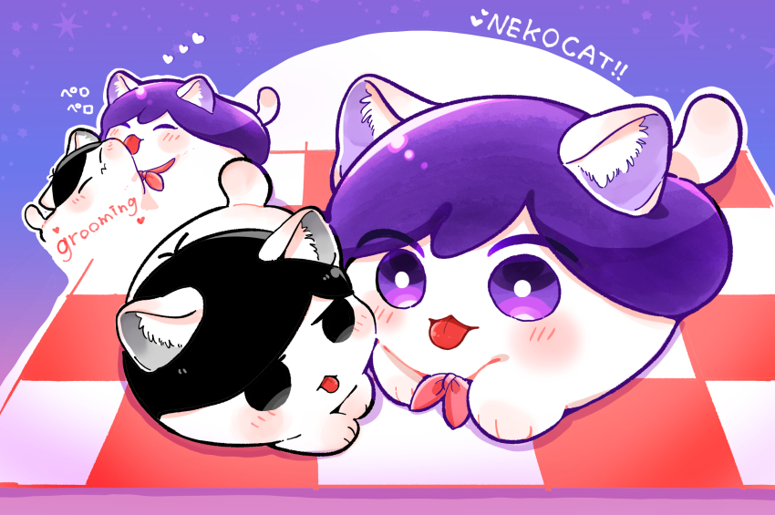 :3 ^_^ animal animal_ear_fluff animal_focus animalization antenna_hair black_eyes black_hair blush bright_pupils brother_and_sister cat closed_eyes closed_mouth commentary_request empty_eyes heart highres licking long_hair looking_at_viewer mapa_(wqgrkt_krbko) mari_(headspace)_(omori) mari_(omori) neckerchief no_humans no_pupils omori omori_(omori) outline picnic_blanket purple_background purple_eyes purple_hair red_neckerchief shadow short_hair siblings simple_background star_(symbol) tongue tongue_out very_short_hair white_cat white_outline white_pupils