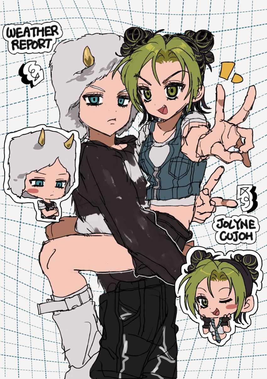 1boy 1girl :d absurdres aqua_eyes arrow_(symbol) black_hair black_pants black_shorts brown_shirt character_name chibi chibi_inset crop_top cropped_shirt cropped_vest denim_vest double_bun fake_horns fang fu_r_y fur_hat green_eyes green_hair grid_background hair_bun hat highres horned_hat horned_headwear horns jojo_no_kimyou_na_bouken kuujou_jolyne lifting_person multicolored_hair open_mouth outline pants shirt shoes shorts smile stone_ocean two-tone_hair v vest weather_report white_outline white_shirt white_shoes