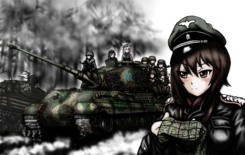 10s 3girls 6+boys ammunition_belt assault_rifle blush brown_hair caterpillar_tracks combat_helmet commentary flag flag_on_vehicle garrison_cap girls_und_panzer gun hat headset helmet itsumi_erika karabiner_98k kuromon_(nabe5214) machine_gun map mg_42 military military_uniform military_vehicle motor_vehicle multiple_boys multiple_girls nabeking1 nishizumi_maho parka peaked_cap ponytail rifle short_ponytail shovel silver_hair sitting snow soldier stahlhelm stg44 tank tiger_ii tree vehicle weapon white_flag winter worktool world_war_ii