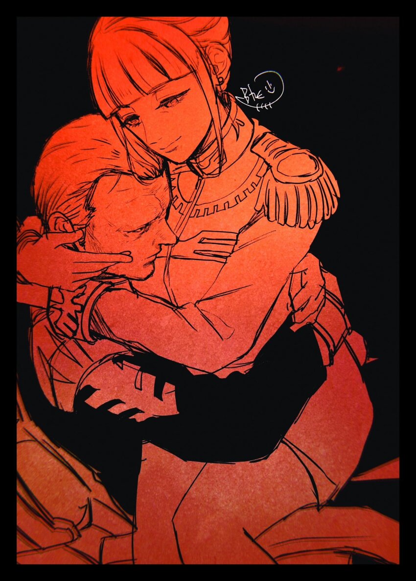 1girl bohe breasts cecilia_irene chair gihren_zabi gundam gundam_gquuuuuux highres hug jacket military military_uniform monochrome red_theme short_hair sitting sitting_on_person skirt zeon