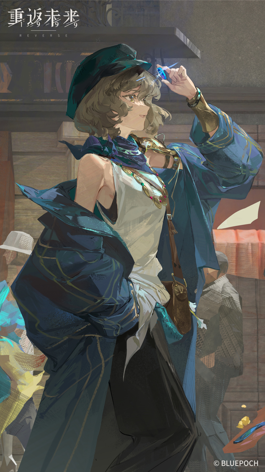1girl :d absurdres arm_up armor bag bangle blonde_hair blue_coat blue_gemstone blue_neckerchief blue_pants bracelet brown_bag brume_(reverse:1999) coat copyright_name copyright_notice cowboy_shot from_side gem green_hat hand_in_pocket hat highres holding holding_gem jewelry logo looking_at_object neckerchief necklace newsboy_cap off_shoulder official_art official_wallpaper open_mouth outdoors pants people profile reverse:1999 road shoulder_armor shoulder_bag single_bare_shoulder smile solo_focus street tank_top walking white_tank_top yellow_eyes