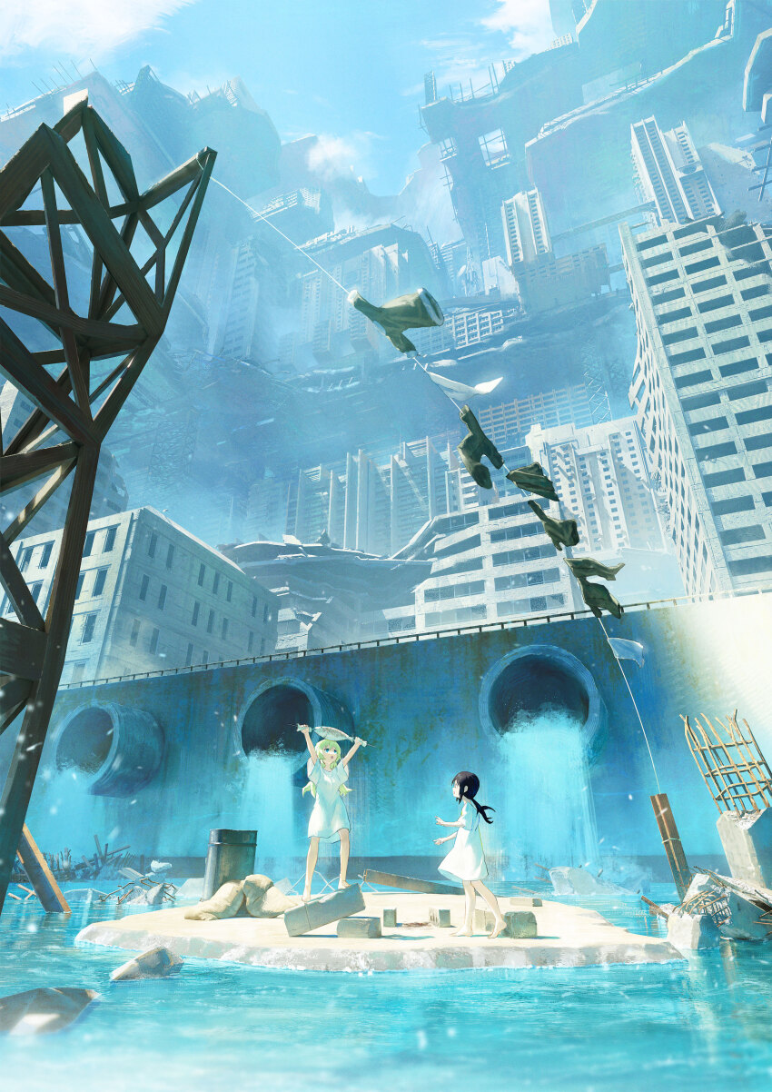 2girls absurdres animal arms_up black_hair blonde_hair blue_eyes building caught chito_(shoujo_shuumatsu_ryokou) clothes clothesline cloud concrete cylinder day debris drainpipe dress drying drying_clothes fish gyoukan_(jfxc) highres holding holding_animal holding_fish laundry long_hair low-tied_long_hair multiple_girls open_mouth outdoors rebar rock rubble sandbag scenery shoujo_shuumatsu_ryokou sky water white_dress yuuri_(shoujo_shuumatsu_ryokou)