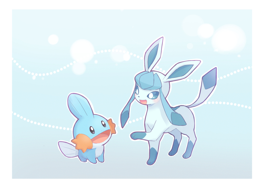 025sakura393 :d aqua_eyes border bright_pupils commentary_request eye_contact gen_3_pokemon gen_4_pokemon glaceon happy highres leg_up looking_at_another mudkip nintendo open_mouth pokemon pokemon_(creature) smile standing white_border white_pupils