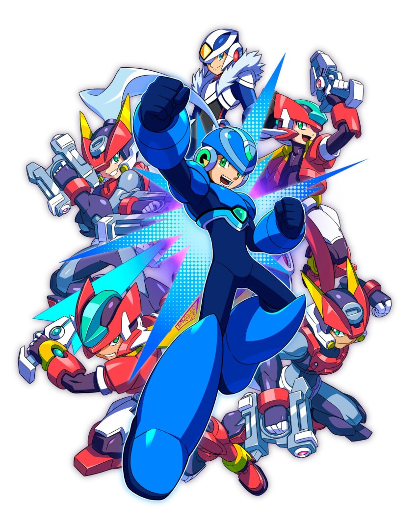 2girls 4boys aile_(mega_man_zx) android armor ashe_(mega_man) black_bodysuit blonde_hair blue_armor blue_bodysuit blue_eyes blue_footwear blue_hair blue_helmet bodysuit boots clenched_hands cropped_jacket dual_wielding energy_gun energy_sword energy_weapon forehead_jewel fur_trim green_eyes grey_(mega_man) grey_hair gun handgun helmet high_ponytail highres holding holding_gun holding_sword holding_weapon horns long_hair mega_man_(pachislot_rockman_ability) mega_man_(series) mega_man_zx mega_man_zx_advent model_a_(mega_man) model_zx_(mega_man) multiple_boys multiple_girls over-1_(mega_man) pachislot_rockman_ability ponytail power_armor red_footwear rockman_xover simple_background smile smirk sword tagme tomycase vent_(mega_man) weapon white_armor white_background white_footwear white_helmet