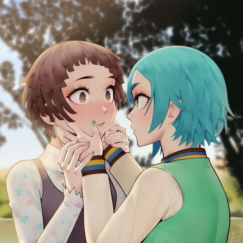 2girls @_@ absurdres black_dress blue_hair blue_nails blurry blurry_background blush brown_eyes brown_hair commentary commission day dress english_commentary eye_contact green_eyes green_vest hands_on_another&#039;s_face highres holding_another&#039;s_wrist long_sleeves looking_at_another monogatari_(series) multiple_girls nademonogatari ononoki_yotsugi outdoors parted_lips piancaesar pinafore_dress sengoku_nadeko shirt short_hair sleeveless sleeveless_dress tree upper_body vest white_shirt yuri
