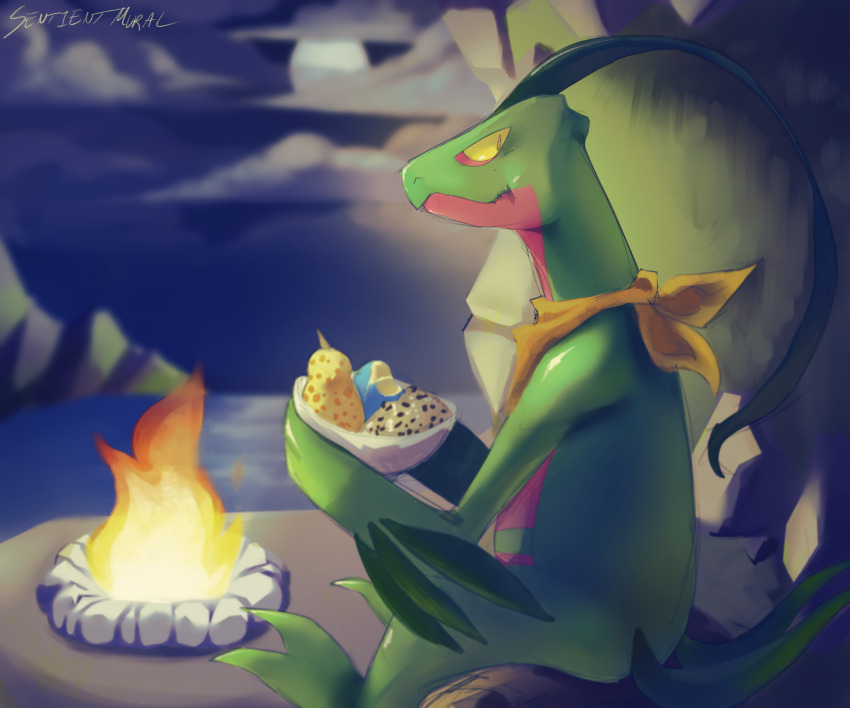 bandana bandana_around_neck berry_(pokemon) bowl campfire colored_skin gen_3_pokemon green_skin grovyle highres holding holding_bowl multicolored_skin nintendo no_humans outdoors pokemon pokemon_(creature) red_skin sentientmural signature sitting solo two-tone_skin yellow_bandana yellow_eyes