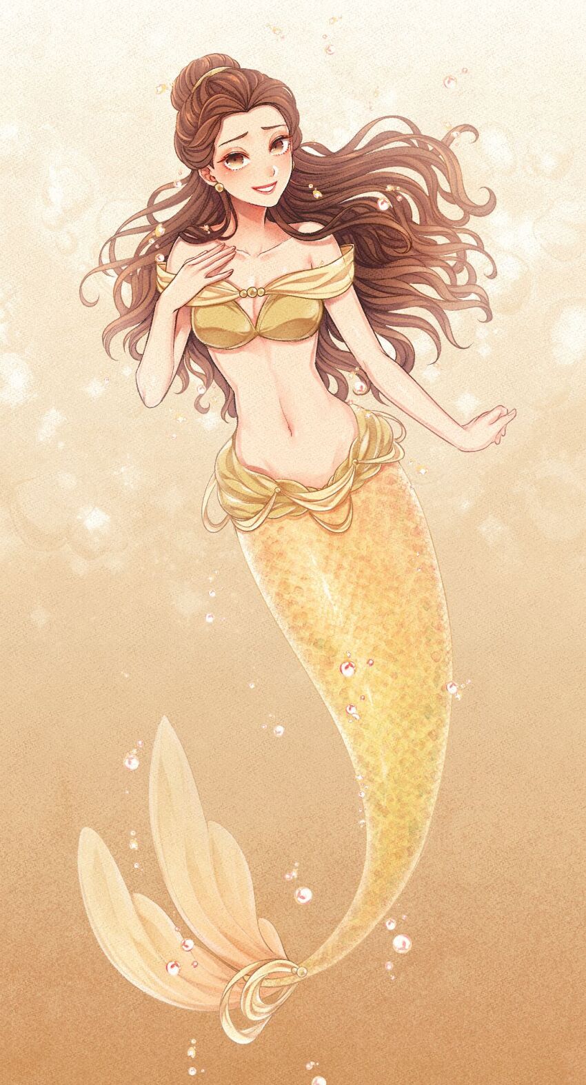 1girl animification beauty_and_the_beast_(disney) belle_(disney) blonde_hair breasts brown_eyes brown_hair earrings elbow_gloves full_body gloves highres jewelry long_hair looking_at_viewer mermaid mizala monster_girl ponytail smile solo