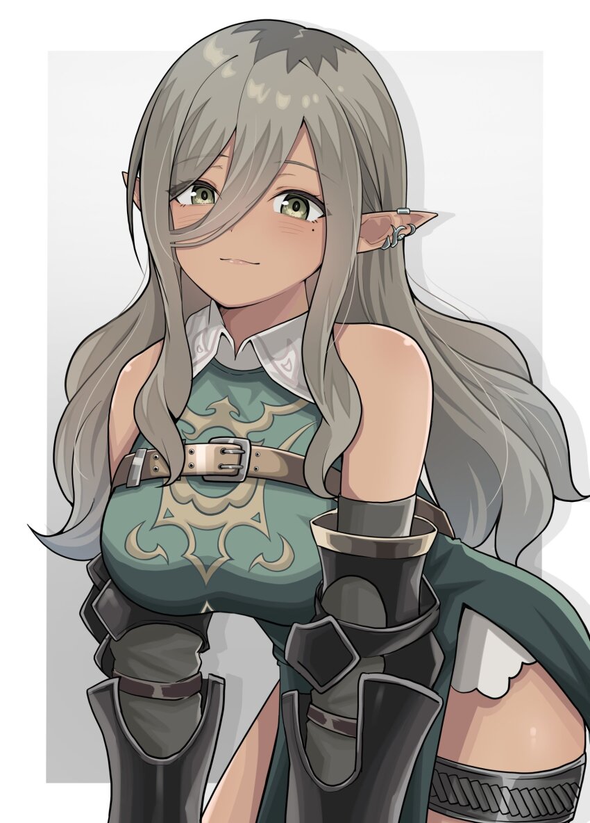 1girl absurdres armor bare_shoulders border breasts brown_hair closed_mouth dark-skinned_female dark_skin detached_sleeves elbow_gloves elf girls_band_cry girls_band_cry_rpg gloves green_eyes hair_between_eyes highres long_hair looking_at_viewer mole mole_under_eye open_mouth pointy_ears rrtp rupa_(girls_band_cry) shirt short_hair simple_background smile solo thighhighs white_border
