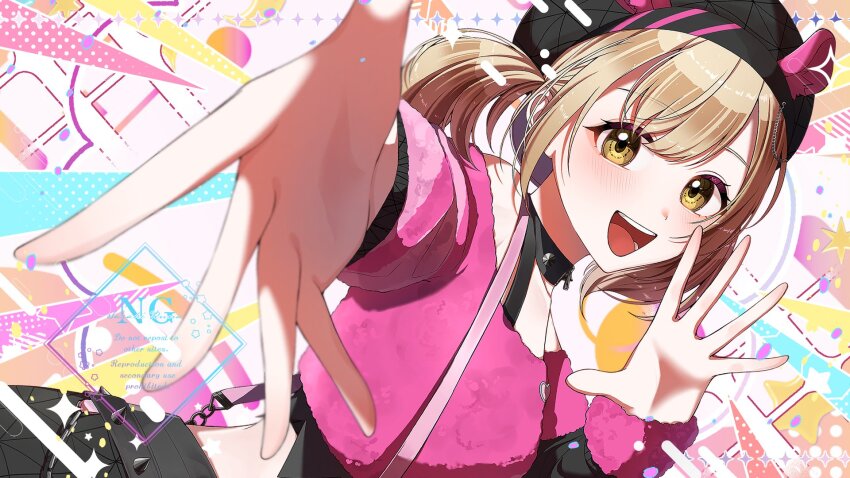 1girl :d animal_ears awakening_beat_(project_sekai) azusawa_kohane bare_shoulders beret black_choker black_hat black_skirt brown_eyes brown_hair choker collar crop_top fake_animal_ears hamster_ears hand_up hashtag-only_commentary hat highres light_blush long_sleeves looking_at_viewer medium_hair midriff n_6m off-shoulder_shirt off_shoulder official_alternate_costume open_mouth outstretched_arm outstretched_hand project_sekai shirt sidelocks skirt smile solo spiked_collar spikes twintails upper_body watermark