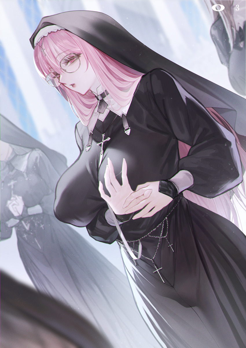 4girls absurdres arm_under_breasts black_dress blurry blurry_foreground breasts chinese_commentary coif covered_erect_nipples covered_navel cross dress glasses highres huge_breasts jewelry livestream long_hair multiple_girls nun original own_hands_clasped own_hands_together persimmonszzz pink_eyes pink_hair pink_lips solo_focus
