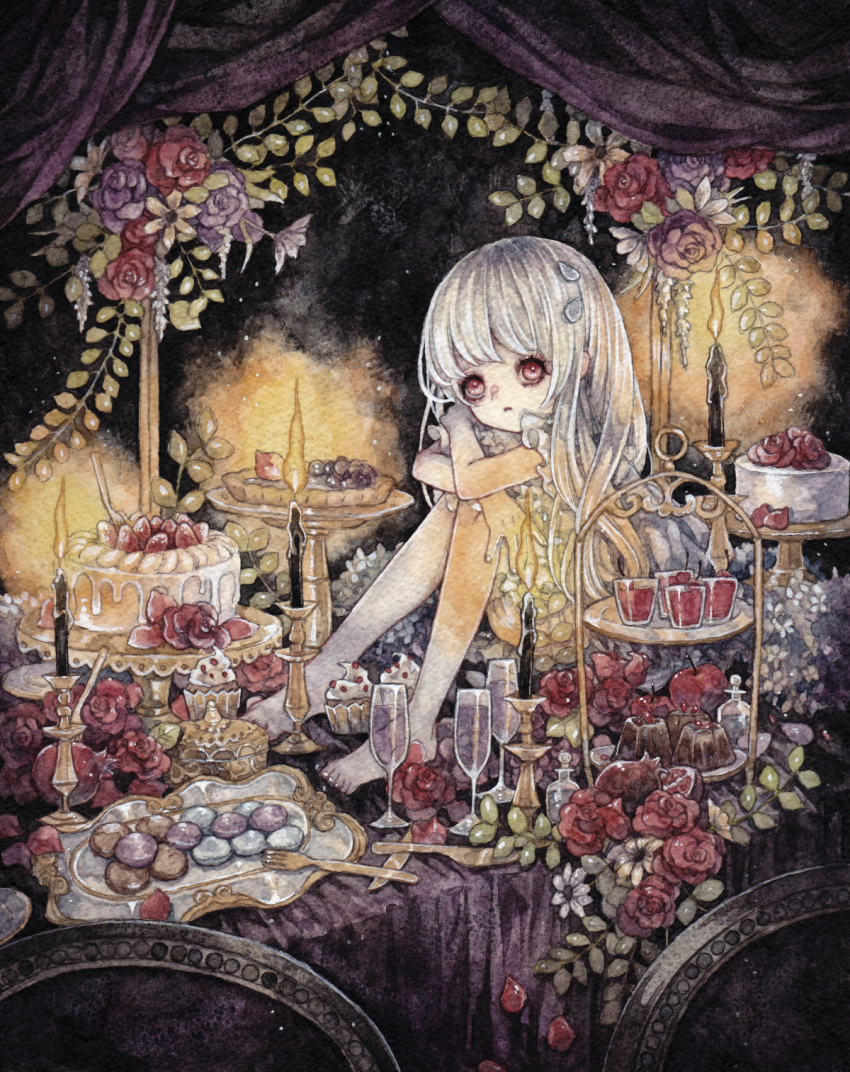 1girl barefoot cake candle commentary_request cup cupcake drinking_glass expressionless flower food highres hugging_own_legs long_hair looking_to_the_side on_table original painting_(medium) plant red_eyes rose rusetsuksr sitting solo table toes traditional_media vines watercolor_(medium) white_hair