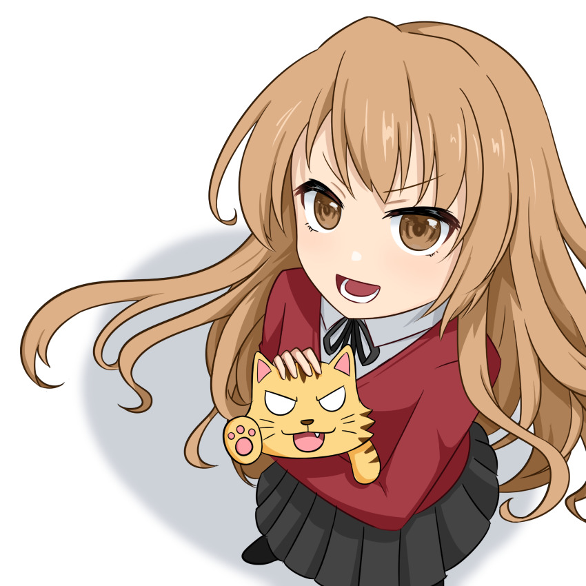 1girl aisaka_taiga black_ribbon black_skirt blazer brown_eyes brown_hair chinese_commentary collared_shirt commentary_request ewai from_above highres holding jacket long_hair long_sleeves looking_at_viewer lower_teeth_only neck_ribbon oohashi_high_school_uniform open_mouth palmtop_tiger pleated_skirt red_jacket ribbon school_uniform shadow shirt simple_background skirt smile standing teeth tiger toradora! white_background white_shirt
