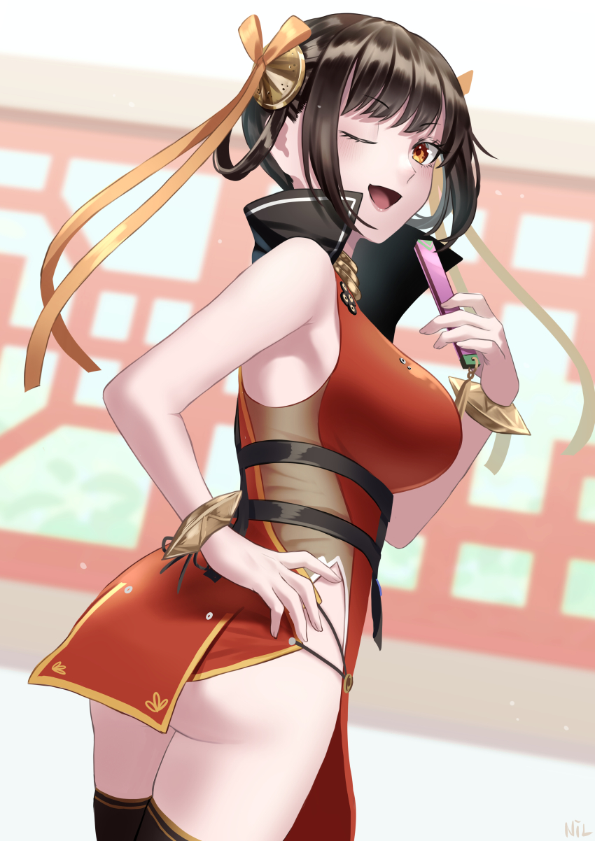 1girl absurdres black_hair breasts chest_harness china_dress chinese_clothes dress folding_fan hair_ribbon hand_fan harness heaven_burns_red highres holding large_breasts li_yingxia long_hair looking_at_viewer looking_back nil_(pixiv_53614557) orange_eyes pelvic_curtain ribbon side_slit sleeveless solo thighhighs yellow_ribbon