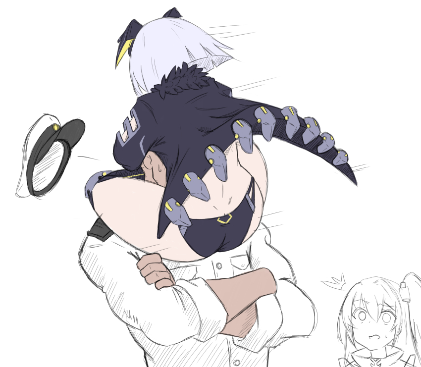 1boy 2girls absurdres ass azur_lane bikini black_bikini black_coat butt_crack captured cleveland_(azur_lane) coat coat_lift commander_(azur_lane) crossed_arms explorer_(azur_lane) face_hug face_in_crotch formal_clothes from_behind full_body hat headgear hetero highres jaggi_95 leg_lock medium_hair military_uniform multiple_girls muscular muscular_male open_clothes open_coat siren_(azur_lane) sitting sitting_on_person solo_focus squeezing suit surprised swimsuit thighs unworn_hat unworn_headwear upper_body white_hair white_suit