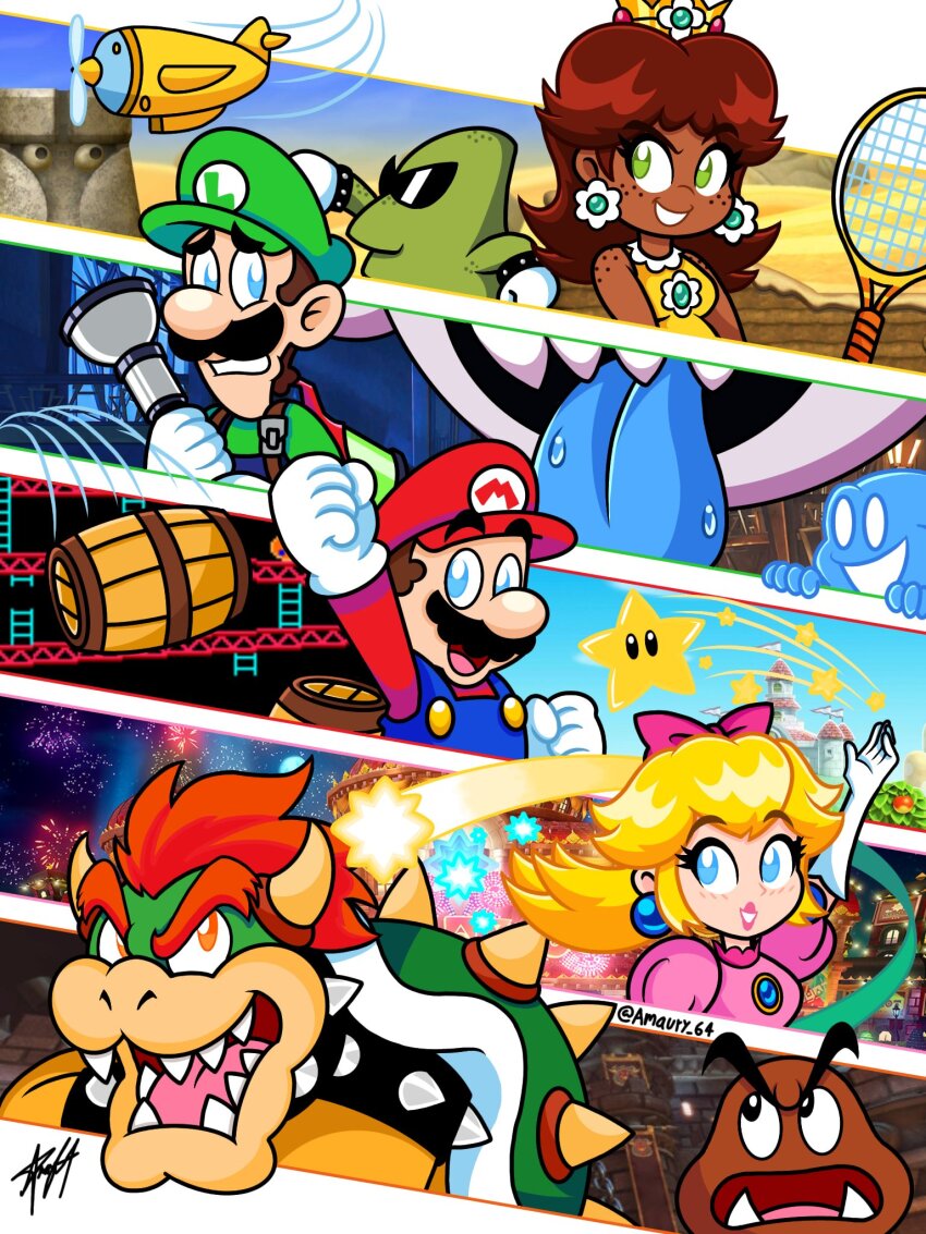 2girls 5boys aircraft airplane artist_name bowser crown donkey_kong_(1981_game) donkey_kong_(series) dress earrings flashlight flower_earrings gloves goob_(luigi&#039;s_mansion) goomba green_eyes hat highres hiyoihoi horns jewelry king_boo looking_at_another looking_at_viewer luigi luigi&#039;s_mansion luigi&#039;s_mansion_3 mario mario_(series) mario_day mario_tennis multiple_boys multiple_girls new_super_mario_bros. new_super_mario_bros._u nintendo open_mouth pink_dress poltergust_g-00 princess_daisy princess_peach princess_peach:_showtime! racket red_hair scared sky_pop spiked_shell stone-eye sunglasses super_mario_land super_star_(mario) tennis_racket tomboy
