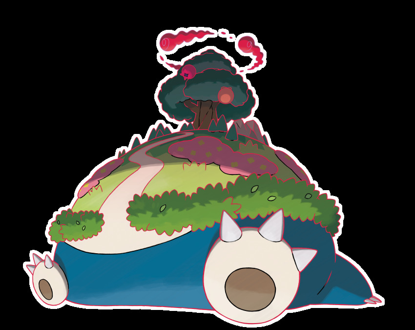absurdres artist_request bush claws dynamax full_body gen_1_pokemon gigantamax gigantamax_snorlax grass highres lying nintendo no_humans official_art on_back outline pokemon pokemon_(creature) pokemon_swsh simple_background smoke snorlax solo transparent_background tree white_outline