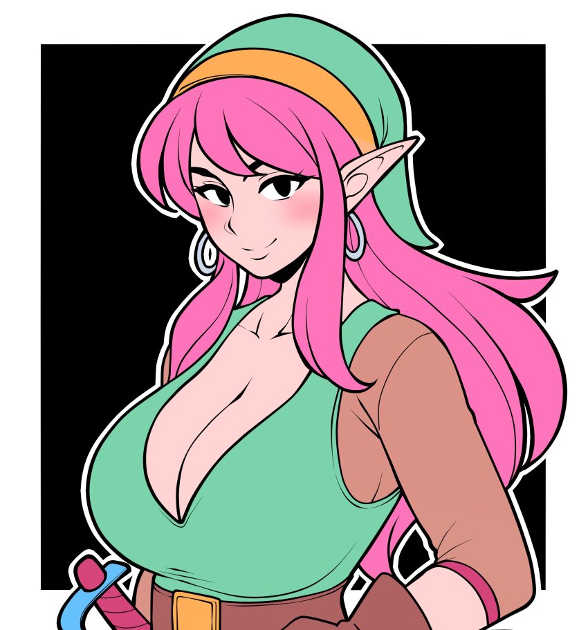 1girl absurdres belt black_eyes blush breasts brown_gloves brown_sleeves cleavage earrings genderswap genderswap_(mtf) gloves green_hat green_tunic hat highres hoop_earrings jam-orbital jewelry large_breasts light_smile link link_(shounen_captain) long_bangs long_hair looking_at_viewer nintendo pink_hair pointy_ears sidelocks simple_background smile solo sword the_legend_of_zelda the_legend_of_zelda_(nes) tunic weapon