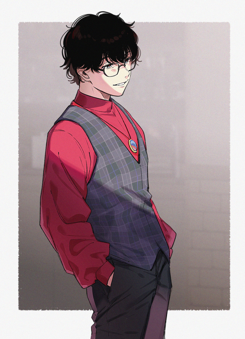 aam09212 brown_hair glasses hands_in_pockets highres kamen_rider kamen_rider_gavv_(series) long_sleeves male_focus pants shirt short_hair smile solo suga_kenzo vest