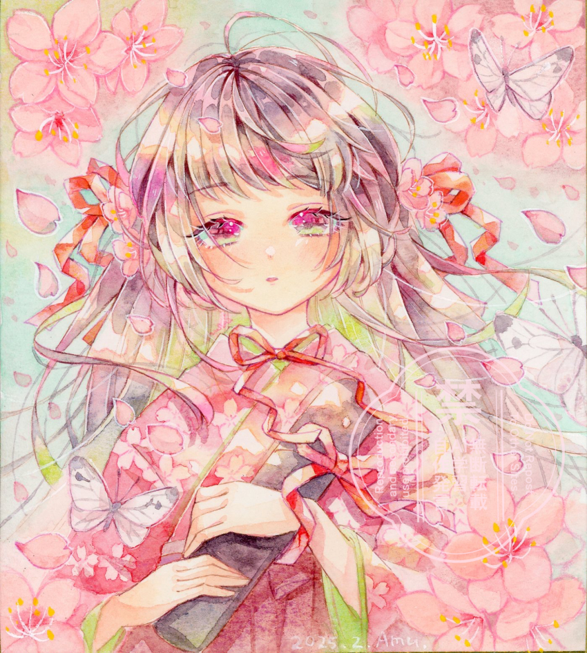 1girl amu_(m_aa) brown_hair cherry_blossoms commentary_request day floral_print flower green_hair hair_ribbon highres holding japanese_clothes kimono long_hair long_sleeves multicolored_hair neck_ribbon original outdoors painting_(medium) parted_lips pink_eyes pink_flower print_kimono red_kimono red_ribbon ribbon solo traditional_media two-tone_hair upper_body watercolor_(medium) watermark wide_sleeves
