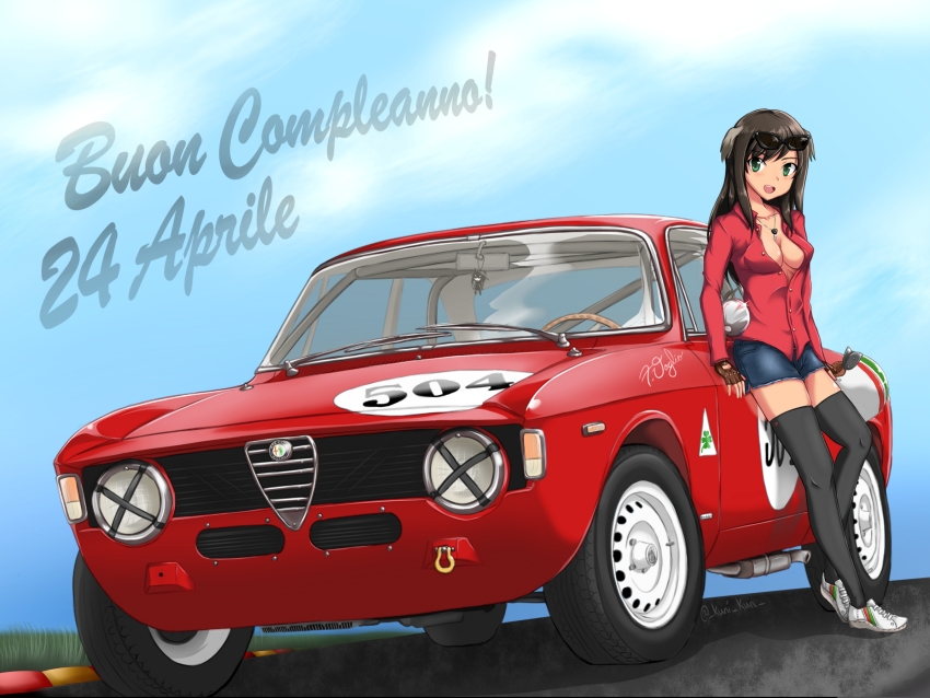 1girl absurdres alfa_romeo alfa_romeo_giulia animal_ears black_hair black_thighhighs blue_shorts blue_sky breasts car character_name collared_shirt commentary cutoffs dark-skinned_female dark_skin dated day denim denim_shorts dog_ears english_commentary eyewear_on_head federica_n._doglio female_focus green_eyes happy_birthday highres italian_flag italian_text jewelry kuni-kun long_hair long_sleeves looking_at_viewer medium_breasts motor_vehicle necklace open_mouth outdoors partially_unbuttoned red_shirt road shirt shoes short_shorts shorts sky smile sneakers solo standing strike_witches:_kurenai_no_majo-tachi sunglasses thighhighs twitter_username vehicle_focus white_shoes world_witches_series