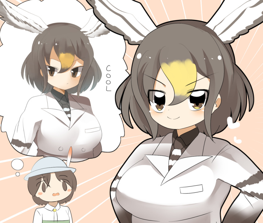 2girls black_necktie black_shirt blonde_hair breasts brown_hair captain_(kemono_friends) closed_mouth collared_shirt commentary_request feathered_wings hair_between_eyes head_wings imagining kemono_friends kemono_friends_3 large_breasts lets0020 long_sleeves looking_at_viewer medium_hair multicolored_hair multiple_girls necktie northern_goshawk_(kemono_friends) shirt short_hair smile striped_necktie upper_body v-shaped_eyebrows white_necktie white_shirt white_wings wings yellow_eyes